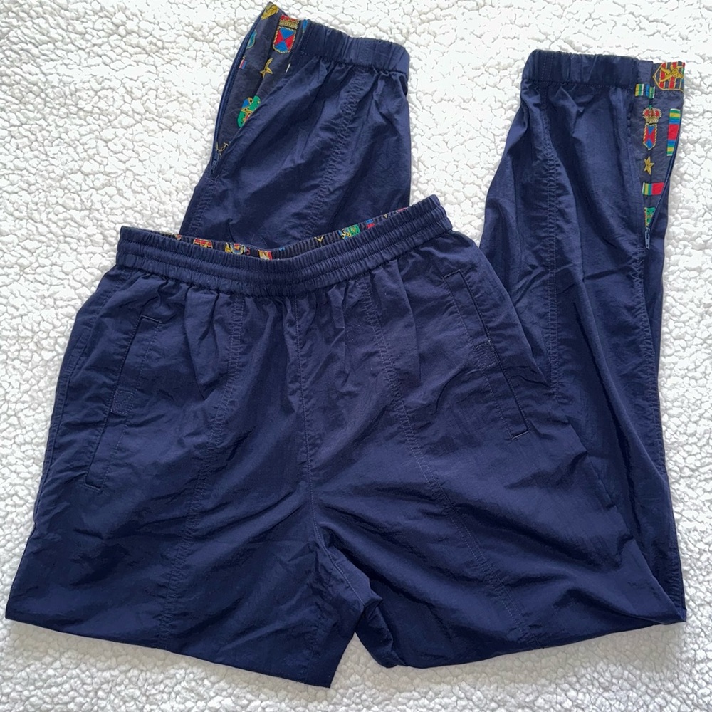 VTG 90s navy track pants windbreaker elastic cuff hem ankle zipper royal print S